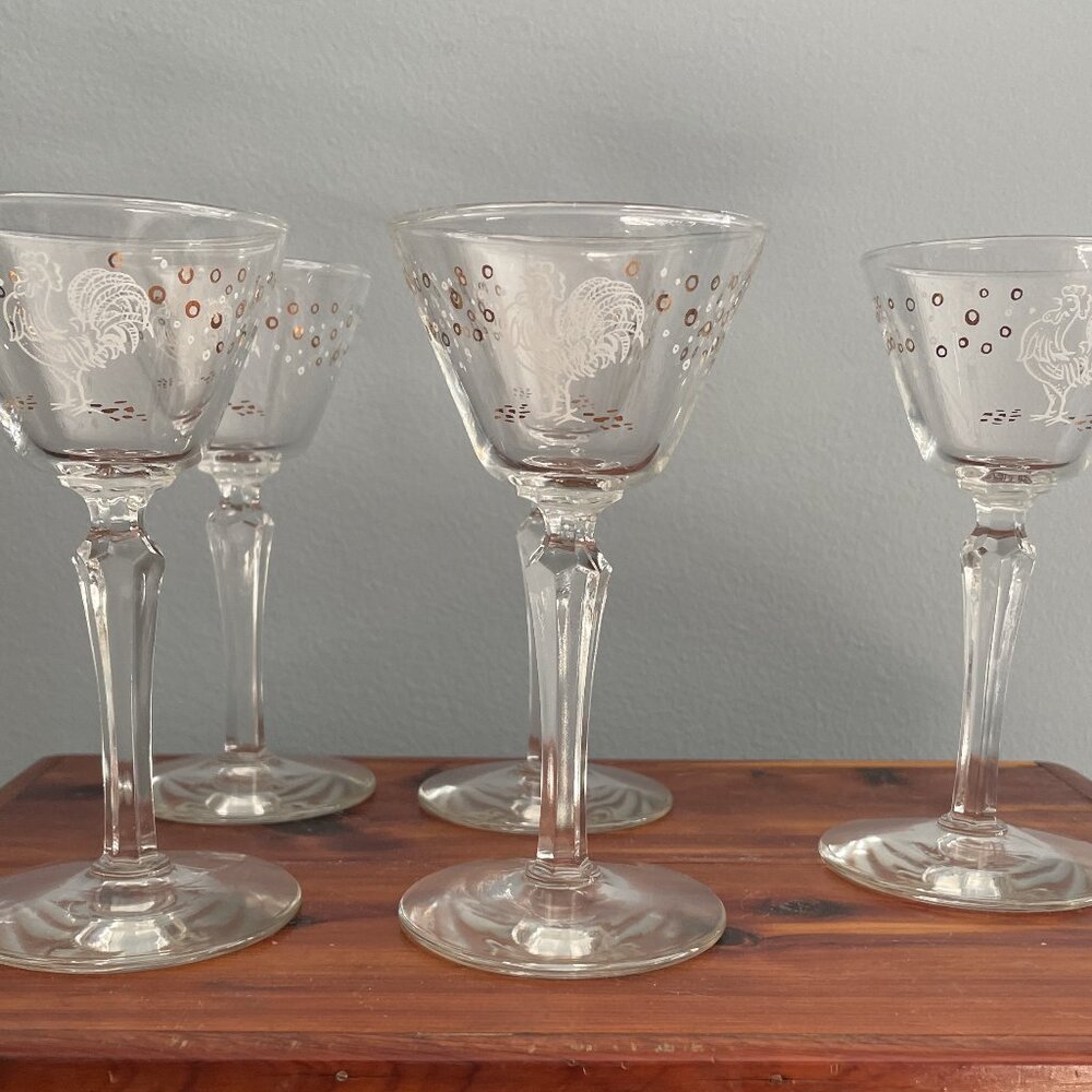 5 Vintage Libbey Rooster Glasses Chanticleer Cocktail Cordial MCM Barware